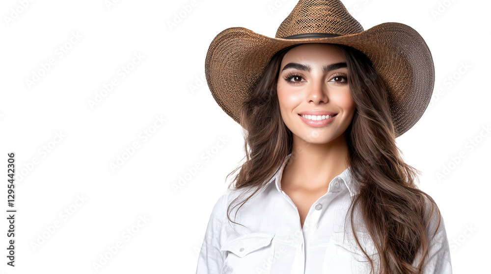 Smiling Brunette Woman Wearing Straw Hat and Casual Clothing Sitting in Grassy Field Enjoying the Warm Sunny Outdoor Environment and Looking Confident and Carefree Smiling Brunette Woman Wearing Straw Hat and Casual Clothing Sitting in Grassy Field Enjoying the Warm Sunny Outdoor Environment and Looking Confident and Carefree