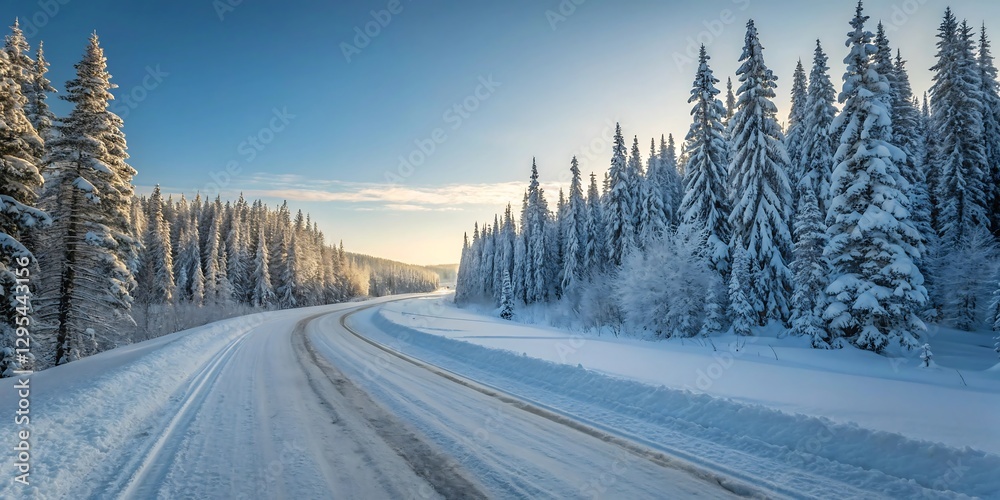 Obraz premium Snowy road winding through a winter forest at sunrise.
