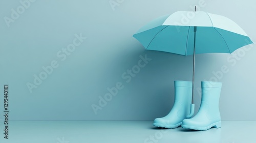 Wallpaper Mural Light blue rain boots and umbrella on blue background Torontodigital.ca