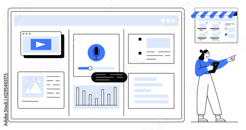 Digital content manager organizing multimedia on web dashboard with analytics, video, and microphone icon. Ideal for content management, data analysis, online marketing, media production, workflow