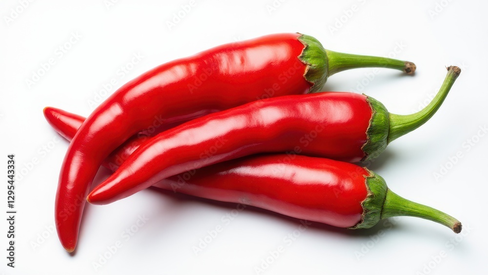 Fresh red chile seco peppers with green stems on a white background Fresh red chile seco peppers with green stems on a white background