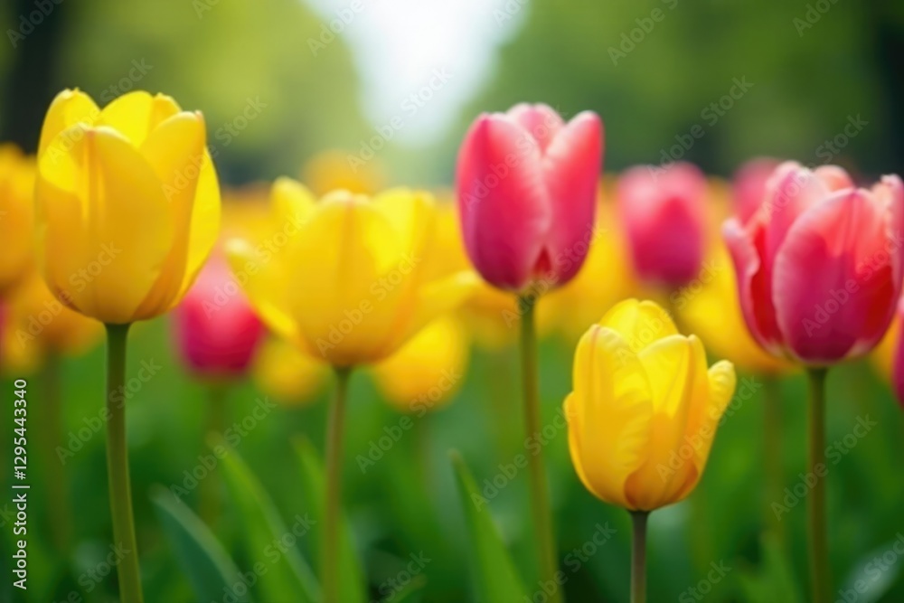 A field of yellow and pink tulip stems with buds bursting through the ground under sunny skies, foliage, greenery, tulips A field of yellow and pink tulip stems with buds bursting through the ground under sunny skies, foliage, greenery, tulips
