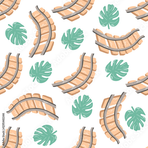 Seamless pattern with curved railway tracks and monstera leaves in flat style on white background
