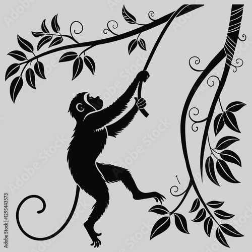 a monkey swinging between vines silhouette vector design art and illustration    