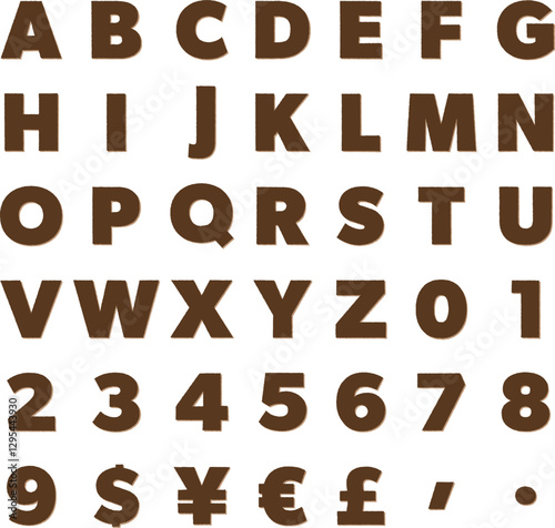 版画風のアルファベット大文字と数字と通貨記号