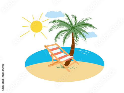 Tropical beach scene with palm tree, sun lounger and ocean view