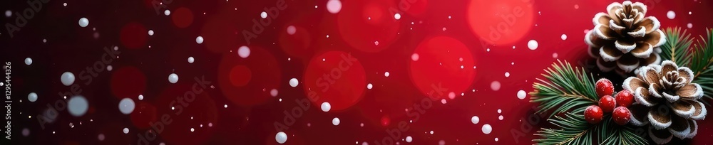 A flurry of delicate snowflakes dances on a dark red Christmas background with frosted pinecones, holly berries, cozy atmosphere A flurry of delicate snowflakes dances on a dark red Christmas background with frosted pinecones, holly berries, cozy atmosphere
