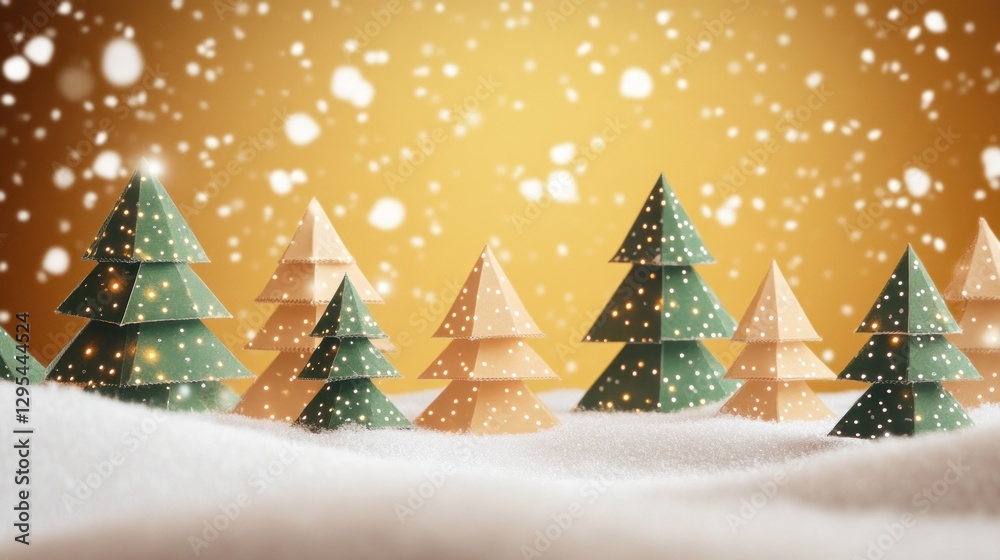 Fototapeta premium Snowy scene with illuminated paper Christmas trees