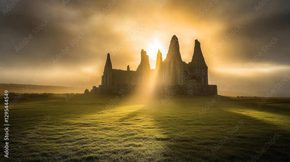 Obraz premium Stone ruins bathed in the sunlight stand on a grassy field