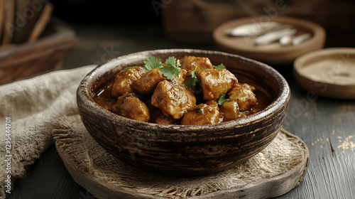 Delicious and Spicy Chicken Curry Served in Rustic Bowl Ready to be Served. Authentic Dish.