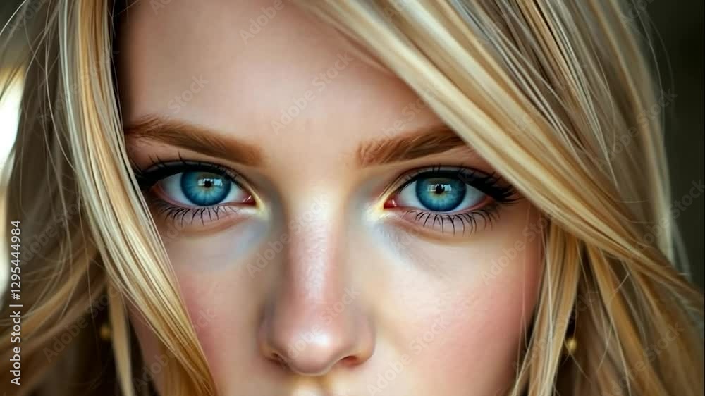 Stunning Close-up Portrait of a Woman with Captivating Blue Eyes and Blonde Hair Stunning Close-up Portrait of a Woman with Captivating Blue Eyes and Blonde Hair