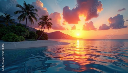 Blue striped background with a tropical island landscape at sunset, beach scene, tropical, blue