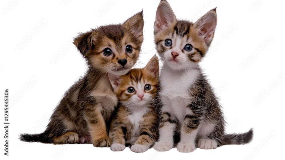 Three adorable kittens in a playful pose sitting together on a plain white background The multicolored feline companions have soft fluffy fur curious expressions and captivating eyes Three adorable kittens in a playful pose sitting together on a plain white background The multicolored feline companions have soft fluffy fur curious expressions and captivating eyes