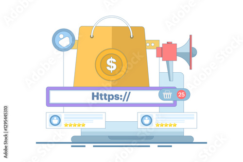 Affiliate program concept. Affiliate marketing. Promote and share affiliate links to earn commission. Earn commission for every product purchased through affiliate links. Flat design illustration.