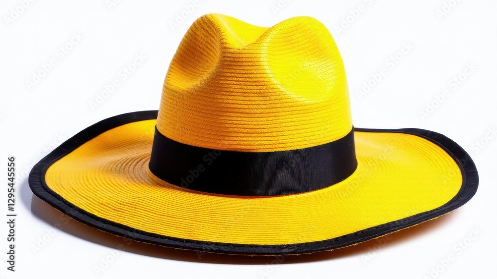 A bright yellow Colombian hat with a black band and black trim on the brim. A bright yellow Colombian hat with a black band and black trim on the brim.