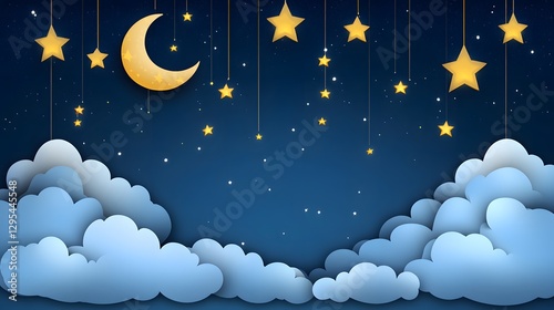 Dreamy Night Sky with Moon Stars Clouds Paper Art