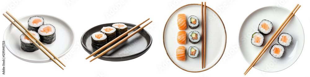 Assorted Japanese Sushi Dishes Including Nigiri Maki and Sashimi Served on White Background with Chopsticks Soy Sauce and Wasabi Traditional Japanese Cuisine and Culinary Presentation Assorted Japanese Sushi Dishes Including Nigiri Maki and Sashimi Served on White Background with Chopsticks Soy Sauce and Wasabi Traditional Japanese Cuisine and Culinary Presentation