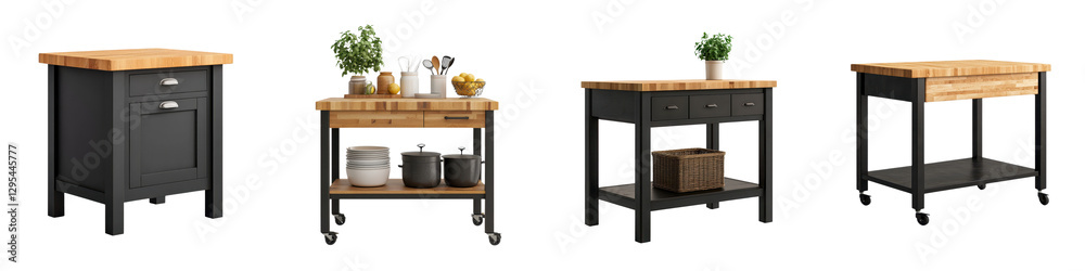 Assortment of modern rustic and industrial style kitchen islands carts and shelving units for versatile home organization storage and display Assortment of modern rustic and industrial style kitchen islands carts and shelving units for versatile home organization storage and display