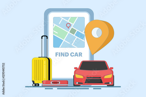 Car sharing service app concept. Book online taxi, rent and share your location with mobile app. Online taxi or rent transportation using smart phone service app. Flat vector illustration.