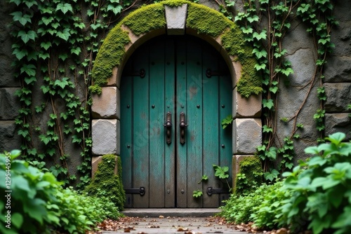 Ancient doors covered in vines and moss slowly creak open, doors, moss, slowly