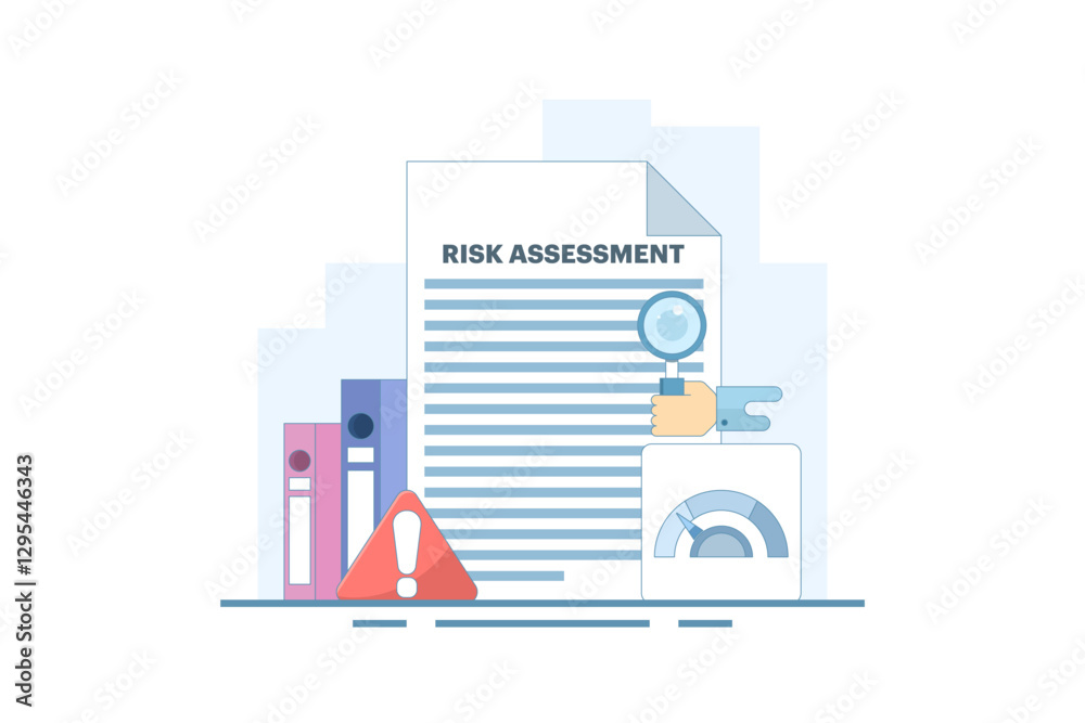 Risk Assessment Concept. Document with Magnifying Glass and Warning Sign. Analyze the level of potential danger, control or limit the loss. Flat Vector Illustration Design on background. Risk Assessment Concept. Document with Magnifying Glass and Warning Sign. Analyze the level of potential danger, control or limit the loss. Flat Vector Illustration Design on background.