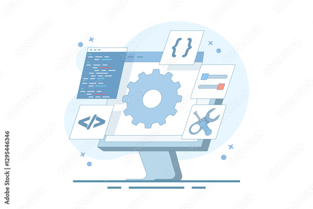 Software development concept. Coding and configuration of gears on a computer screen showing the settings of a screwdriver key code. Flat illustration Isolated background with flat line style. Software development concept. Coding and configuration of gears on a computer screen showing the settings of a screwdriver key code. Flat illustration Isolated background with flat line style.
