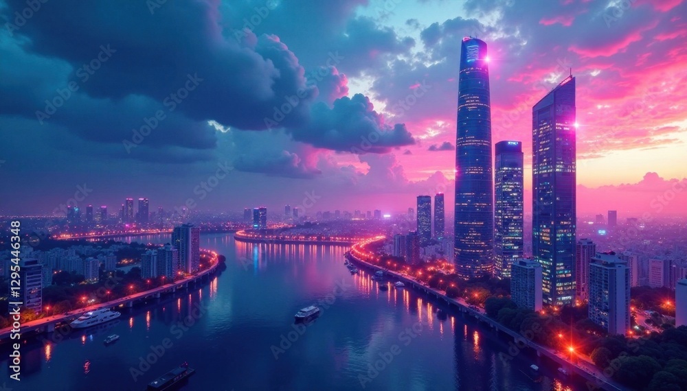 Fototapeta premium Business card template with a futuristic cityscape and sleek skyscrapers, corporate design, , cityscapes