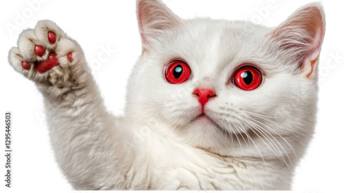 Closeup Portrait of a Cute and Fluffy White Domestic Cat with Bright Red Eyes Posing Curiously in a Professional Studio Setting  The Feline s Paws Nose Whiskers