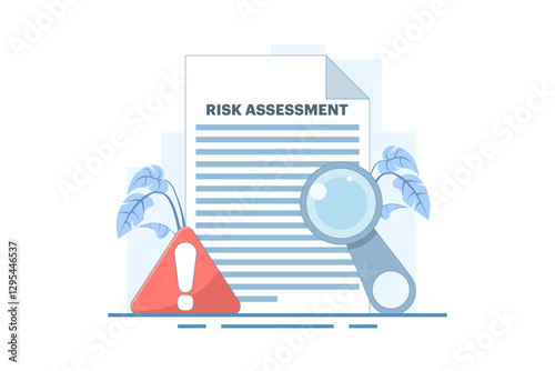 Risk Assessment Concept. Document with Magnifying Glass and Warning Sign. Analyze the level of potential danger, control or limit the loss. Flat Vector Illustration Design on background.