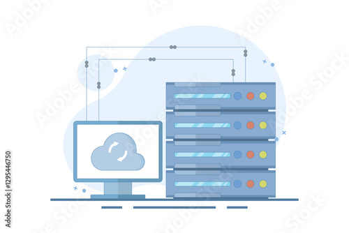 Data Server Concept . Laptop with Data Server. Cloud computing. Data storage protection, computing science disk services, connection innovation. Vector Illustration Design on background.