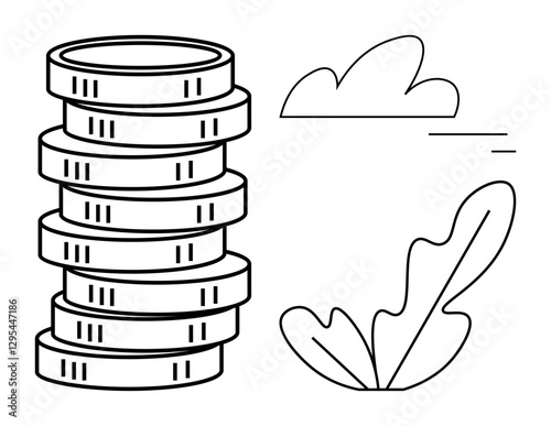 Stack of coins beside a stylized leaf and abstract cloud. Ideal for finance, savings, investment, growth, wealth, prosperity, economy. Simple abstract line flat metaphor
