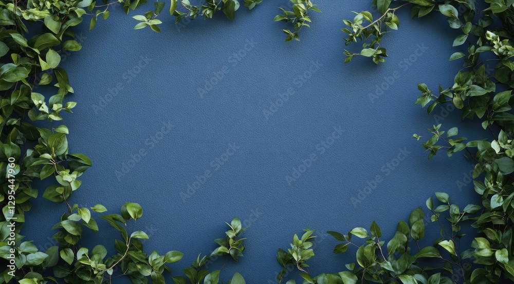 Naklejka premium Fresh greenery frame on deep blue background