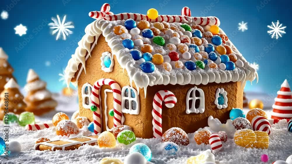 Festive gingerbread house with colorful decorations in a winter wonderland setting