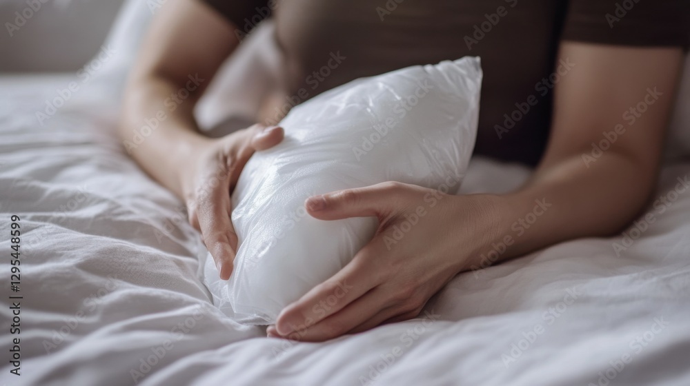 A person applying an ice pack to their elbow in a calm, neutral-toned bedroom. Featuring pain relief and healing A person applying an ice pack to their elbow in a calm, neutral-toned bedroom. Featuring pain relief and healing