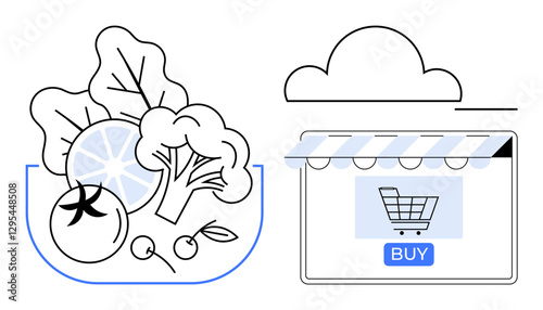 Fresh produce including tomatoes, oranges, broccoli in a bowl next to a shopping cart icon on an e-commerce screen with a buy button. Ideal for online grocery shopping, organic produce, e-commerce