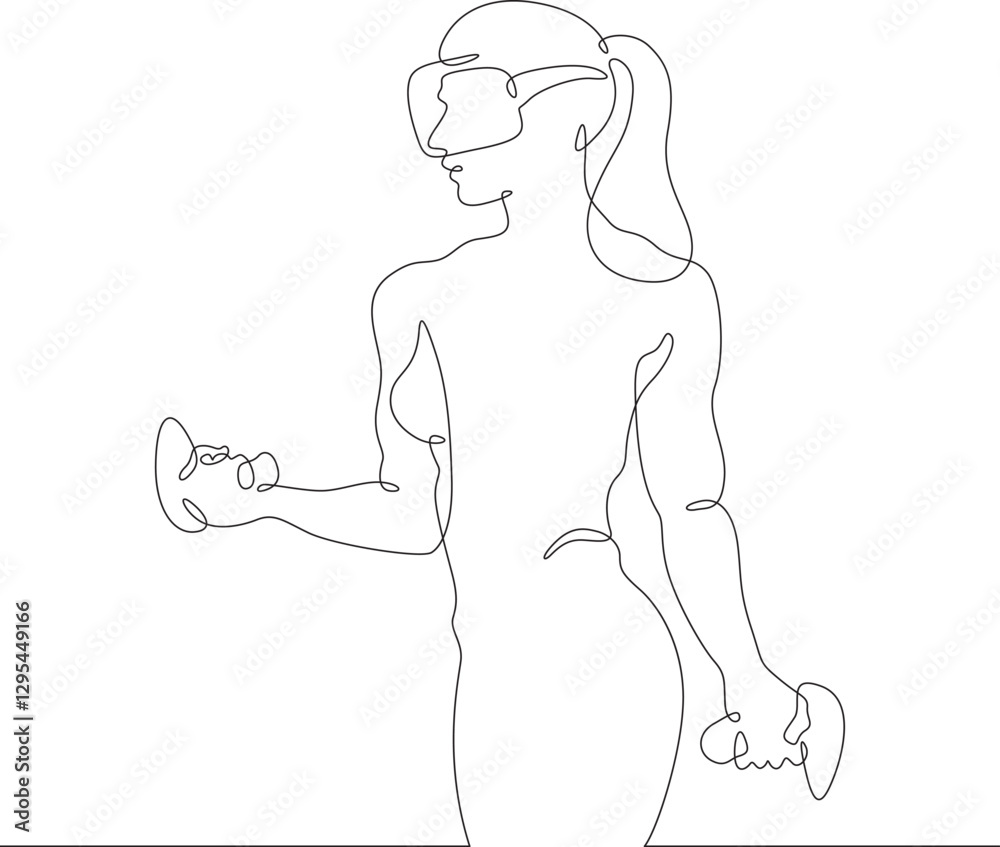 Continuous one line drawing woman in virtual reality. Girl in VR headset. High technology.
One continuous line isolated minimal illustration.Not AI. Continuous one line drawing woman in virtual reality. Girl in VR headset. High technology.
One continuous line isolated minimal illustration.Not AI.