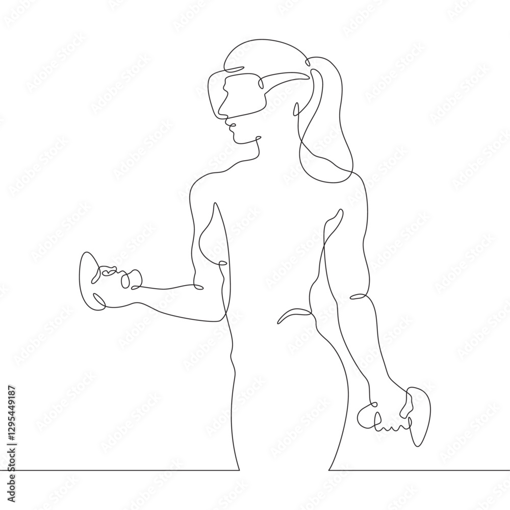 Continuous one line drawing woman in virtual reality. Girl in VR headset. High technology.
One continuous line isolated minimal illustration.Not AI. Continuous one line drawing woman in virtual reality. Girl in VR headset. High technology.
One continuous line isolated minimal illustration.Not AI.