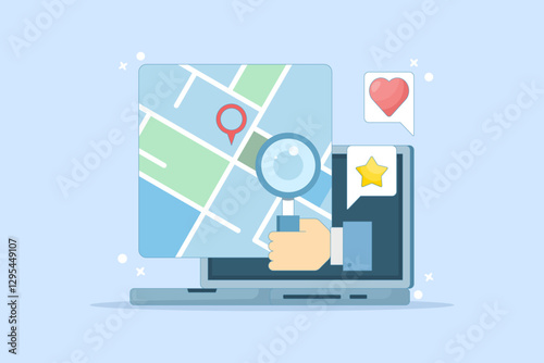 Map application concept, View map on laptop, Map software for exact location, Search engine map, Search location on map. GPS navigation, route movement and location search. Flat vector illustration.