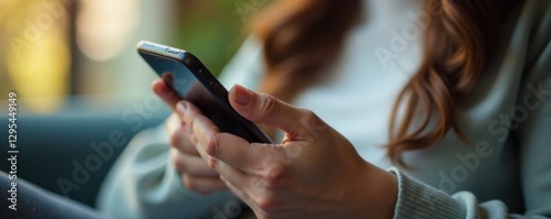 Close-up of a woman's hand cradling a cellular phone with an unresponsive display, exuding serenity and focus, tactile interaction, still life, female hand