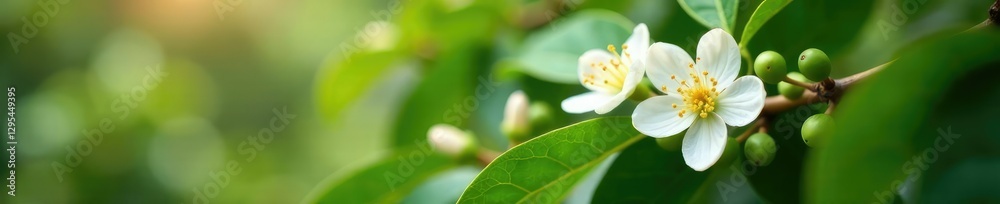 Obraz premium Delicate white blooms unfolding on coffee tree branches, blooming, white coffee flowers, coffee plantation