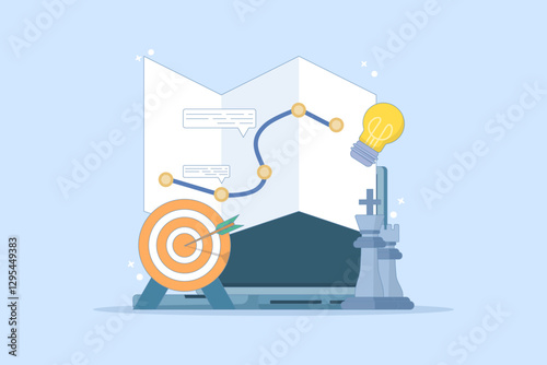 Dartboard target campaign strategic plan concept with chess. business strategic planning, achieving goals or objectives, business success, business planning to achieve success. flat illustration.