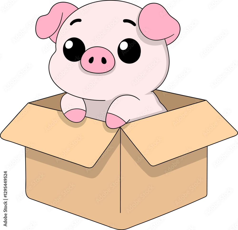 Εκτύπωση καμβά Cute Baby Pig Peeking Out of an Open Cardboard Box Illustration