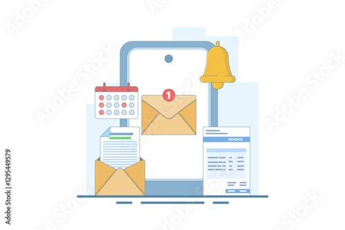 Payment reminder message notification concept. Payment reminder alarm message notification on smartphone screen with invoice email letter. Flat vector illustration on background.