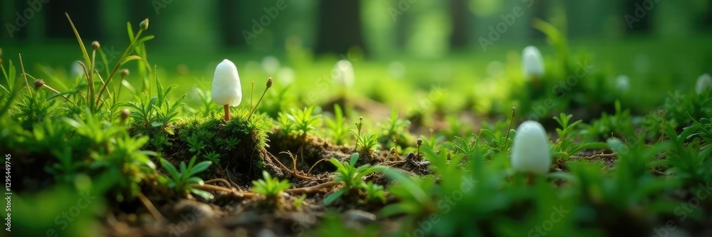 Delicate white caps rising from forest floor among cedar needles, greenery, woodland Delicate white caps rising from forest floor among cedar needles, greenery, woodland