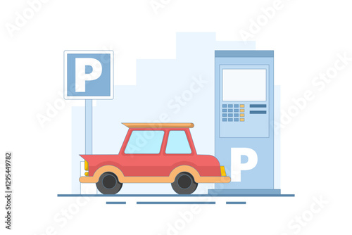 Concept of parking a car in a parking area, parking lot. Public car parking in a big city. Urban transportation. Road signs. Modern flat cartoon style. Vector illustration on the background.