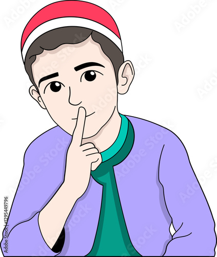 Muslim Boy Making Silence Gesture for Fasting During Ramadan