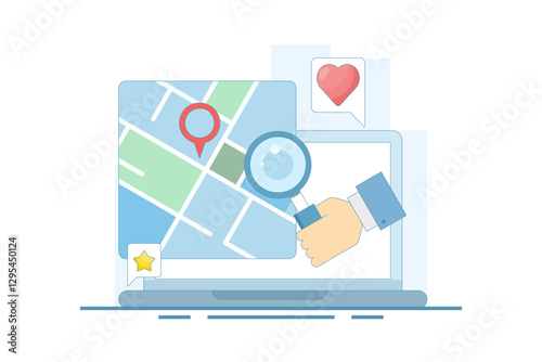Map application concept, View map on laptop, Map software for exact location, Search engine map, Search location on map. GPS navigation, route movement and location search. Flat vector illustration.
