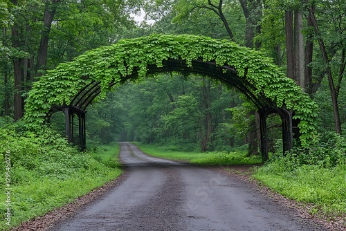 Green Vines Grow Over An Archway Along A Forest Road