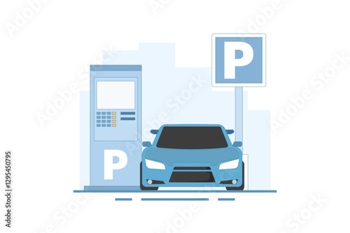 Concept of parking a car in a parking area, parking lot. Public car parking in a big city. Urban transportation. Road signs. Modern flat cartoon style. Vector illustration on the background.