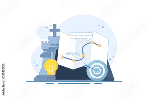 Dartboard target campaign strategic plan concept with chess. business strategic planning, achieving goals or objectives, business success, business planning to achieve success. flat illustration.